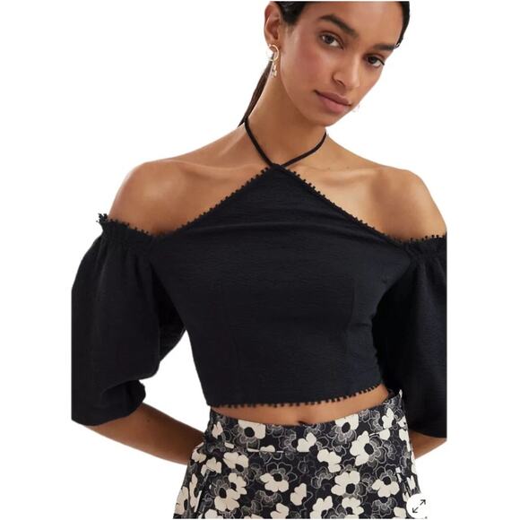 Anthropologie Frida Cropped Top‎ Womens XL Black Off-Shoulder Halter Minimalist - Picture 1 of 10